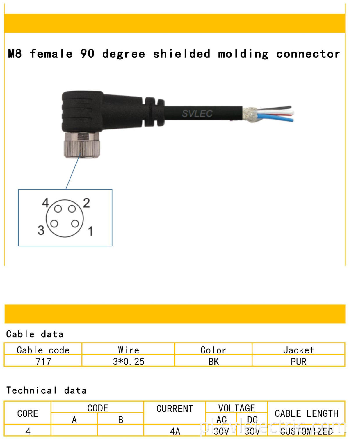 M8 female angle 3 pin connector shielded connector with cable specification